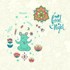 Good night. vector illustration with mouse wizard on wonderful glade