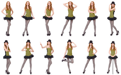 A girl in black and yellow striped dress isolated on white