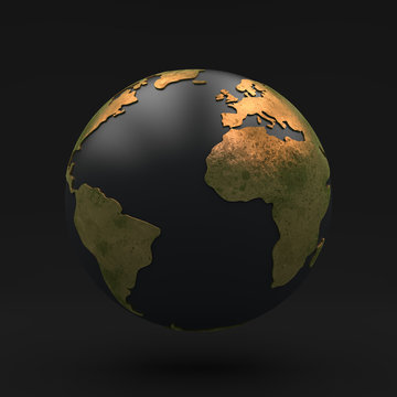 Black globe with Golden continents, view africa, europe and south america, 3D illustration