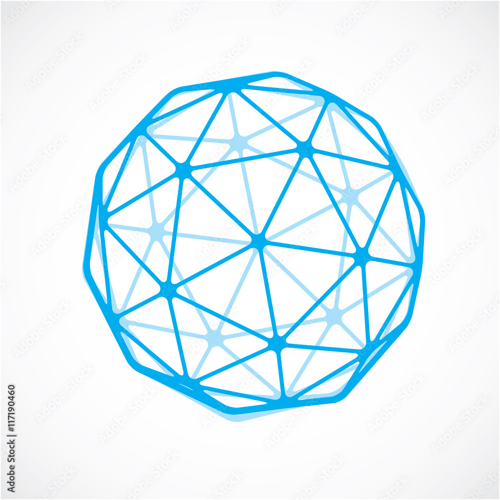 Poster blue faceted orb created from triangles, dimensional vector sphe
