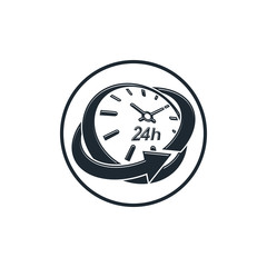 24 hours-a-day concept, clock face with a dial and an arrow arou