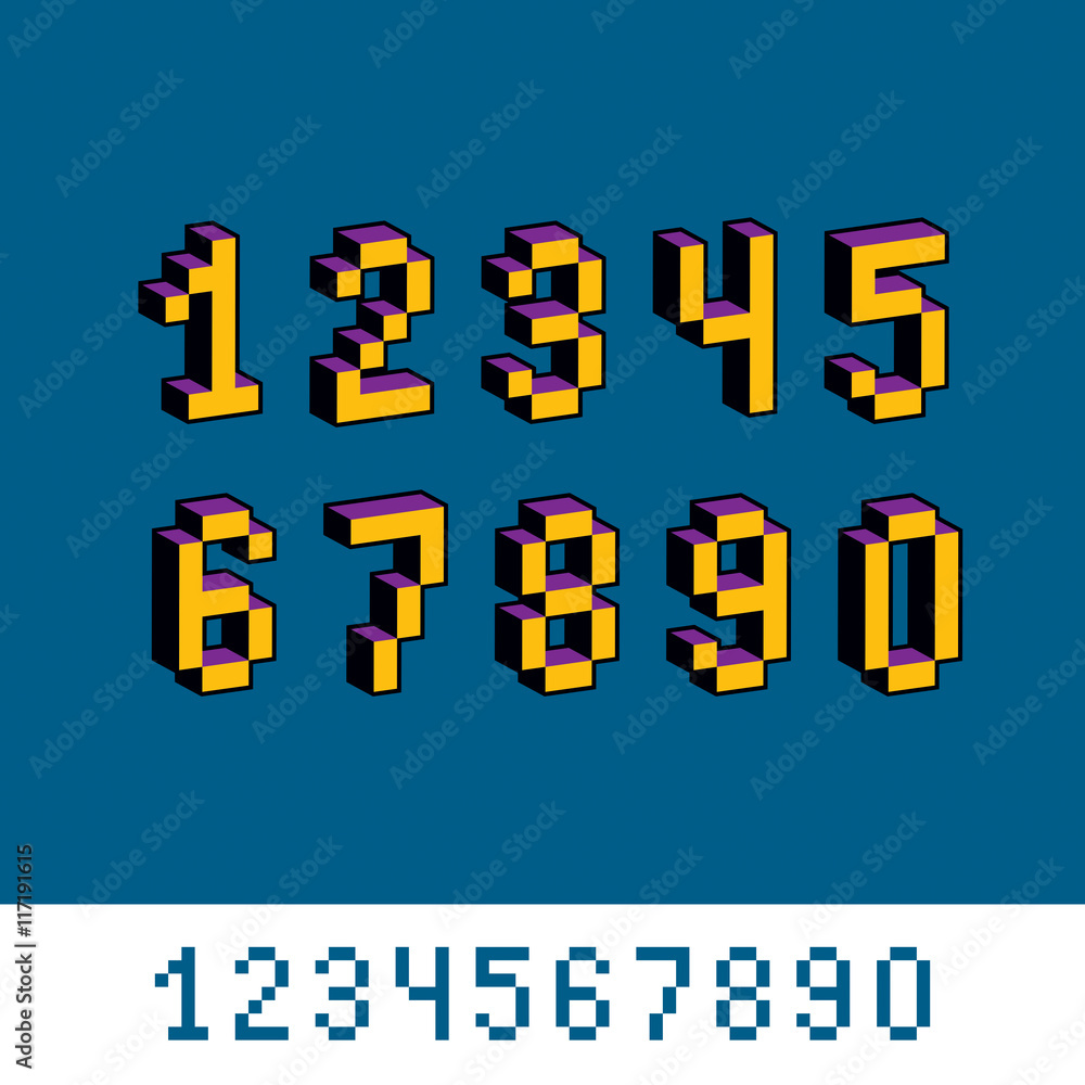 Poster vector digits, numerals created in 8 bit style. pixel art number