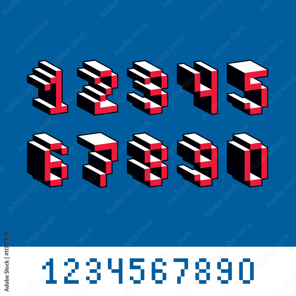 Poster vector modern tech whole numbers set. geometric pixilated digits