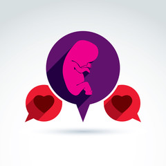 Illustration of a baby embryo and two red loving hearts. Chat on