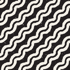 Vector Seamless Black and White Hand Drawn Diagonal Wavy Lines Grunge Pattern