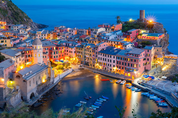 Fototapeta na wymiar Aerial night view of Vernazza fishing village, seascape in Five lands, Cinque Terre National Park, Liguria, Italy.
