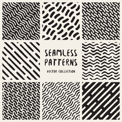 Set of Eight Seamless Black and White Hand Drawn Geometric Patterns Collection