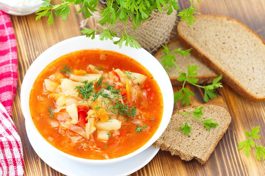 Traditional Russian Ukrainian vegetable borscht soup