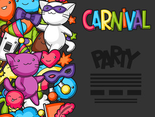 Carnival party kawaii flayer. Cute cats, decorations for celebration, objects and symbols