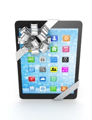 Black tablet with silver bow and icons. 3D rendering.