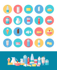 Set of Milk Products Vector Icons in Flat Design.