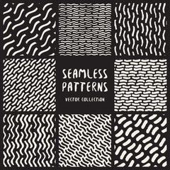 Set of Eight Seamless Black and White Hand Drawn Geometric Patterns Collection