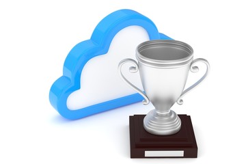 Isoalted silver cup with cloud on white background. Blue contour cloud. Concept of cloud storage competition. Leader cloud drive. Best storage contest. 3D rendering.