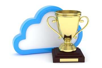 Isoalted golden cup with cloud on white background. Blue contour cloud. Concept of cloud storage competition. Leader cloud drive. Best storage contest. 3D rendering.