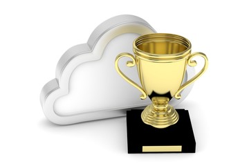 Isoalted golden cup with cloud on white background. Concept of cloud storage competition. Leader cloud drive. Best storage contest. 3D rendering.