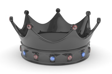 Black royal crown with blue and red gems on white. 3D rendering.