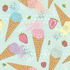 Cute seamless pattern with ice creams, strawberries and raspberr