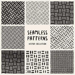 Set of Eight Seamless Black and White Hand Drawn Diagonal Lines Geometric Patterns Collection