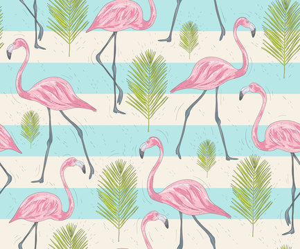 Cute seamless pattern with flamingos and palm. Vector background