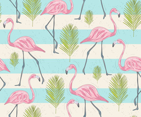 Fototapeta premium Cute seamless pattern with flamingos and palm. Vector background