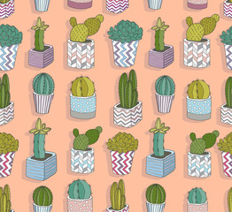 Cute seamless cactus pattern. Vector background with flowers.