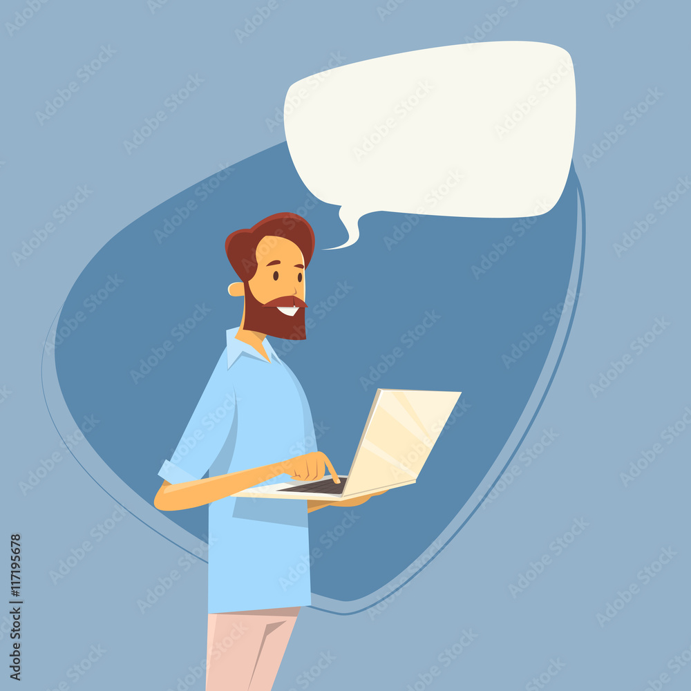 Poster casual business man using laptop computer send message internet texting chat communication