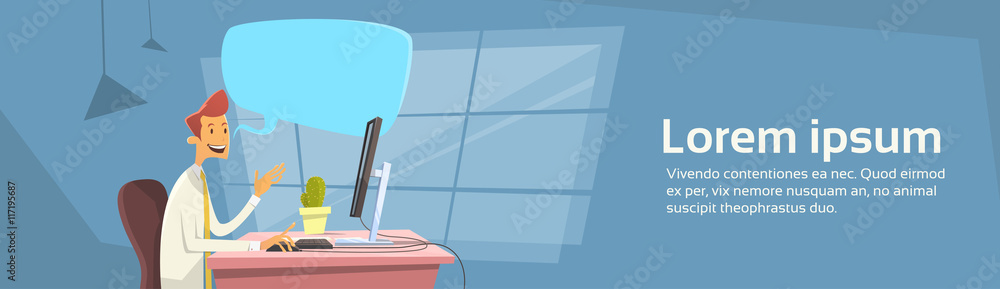 Poster business man office workplace desktop computer send message chat communication banner with copy spac