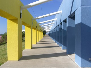 Blue and yellow geometric corridor