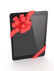 Black tablet with red bow. 3D rendering.