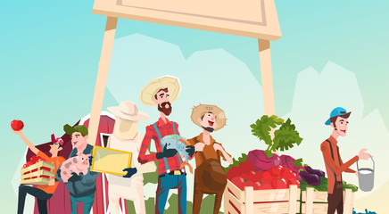 Big Farm Eco Organic Market Farmers With Production - obrazy, fototapety, plakaty