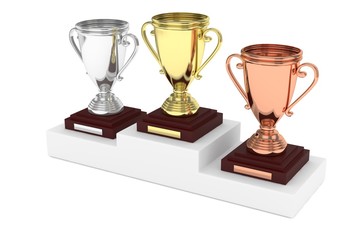 Three cups on white pedestal. 3D rendering.