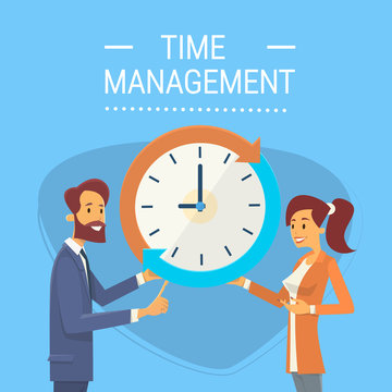 Business Man And Woman With Clock Time Management Concept