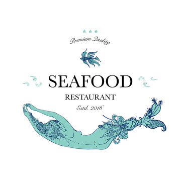 Seafood restaurant and seafood menu identity - Logo with mermaid with ornate tail. Vector Illustration