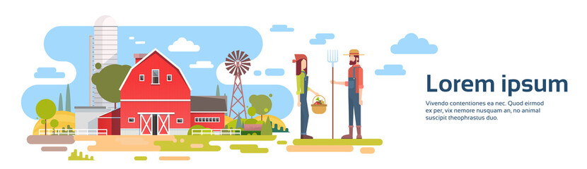 Farmers Couple Stand Before Big Farm With House, Farmland Countryside Banner