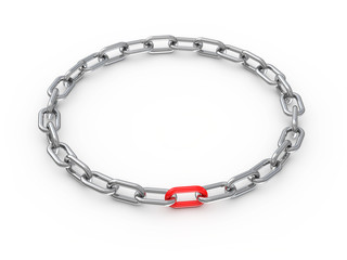 Chain with a red link on white background, 3d illustration.