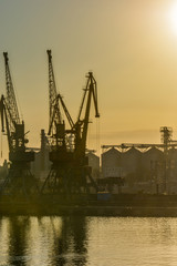 Fototapeta premium Port cranes against the evening sky in yellow tones on sunset