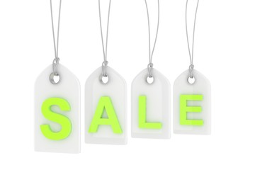 Colorful isolated sale labels on white background. Price tags. Special offer and promotion. Store discount. Shopping time. Green letters on white labels. 3D rendering.