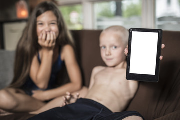 Babysitter with a child sofa techno