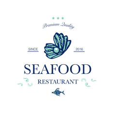 Seafood restaurant and seafood menu identity - Logo with sea shell and pearl. Vector Illustration