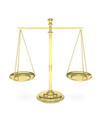 Isolated golden scales on white background. Symbol of judgement. Law, measurement, liberty in one concept. 3D rendering.