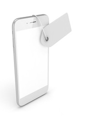 White smart phone with white price tag on white background. Identification, price, label. 3D rendering.