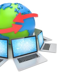 Laptop network around earth globe. 3d rendering.