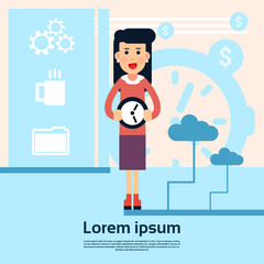 Business Woman Hold Alarm Clock Working Timetable Concept