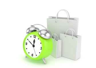 alarm clock and shopping bag (time to buy concept). 3d rendering.