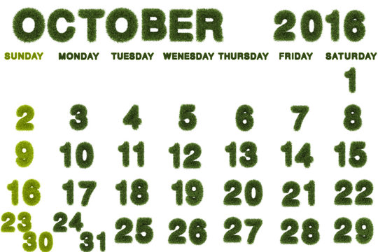Calendar for Octorber 2016 on white background,3d rendering