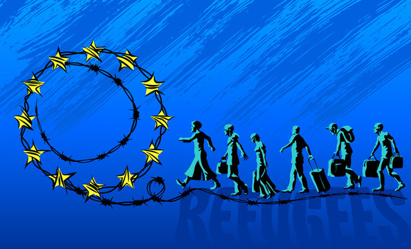 Refugees are going on the road with barbed wire and the EU stars. The concept of illegal immigration. Vector illustration.