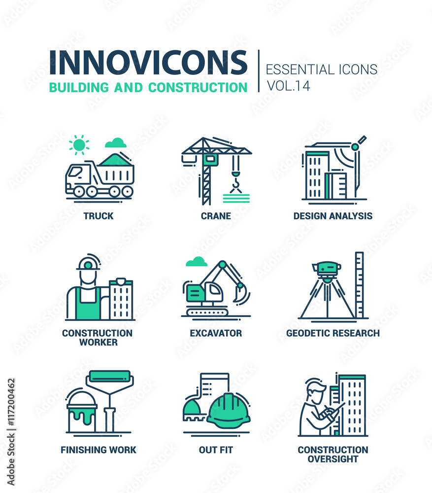 Poster building and construction line design icons