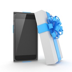 Smartphone in gift box. Isolated on white background. 3d rendering.