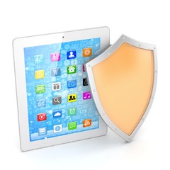 Tablet PC and shield on white device security concept. 3d rendering.