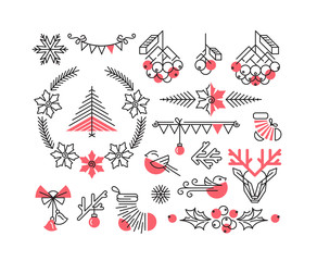 Set of line Christmas icons and decorations